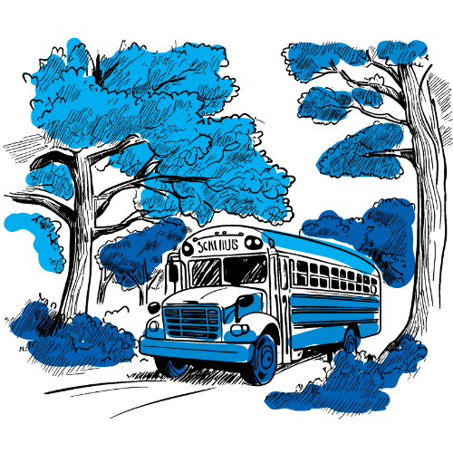 Drawing of a blue bus driving through the woods