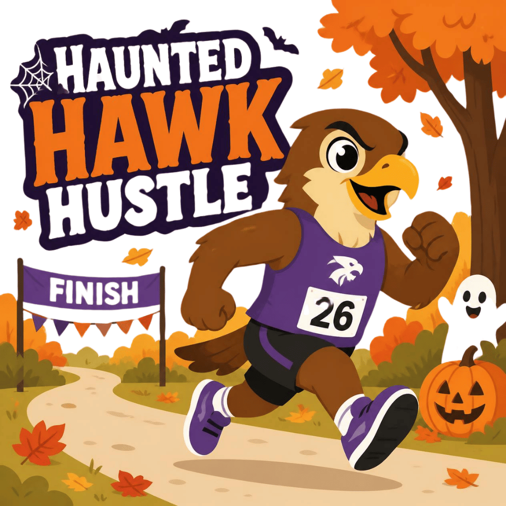 Cartoon Hawk with the words haunted hawk hustle