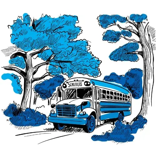 Drawing of a blue bus driving through the woods
